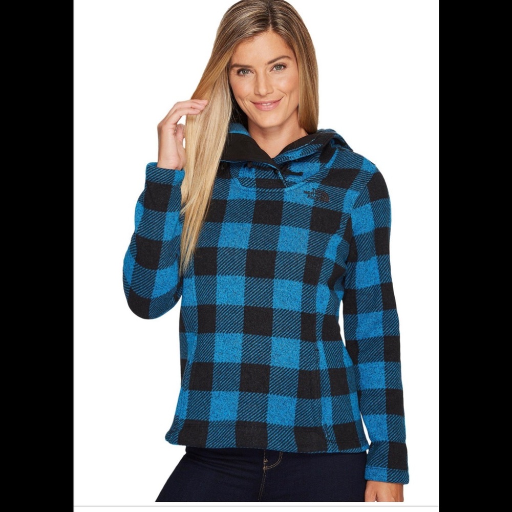The North Face Blue Black Buffalo Check Fleece Hoodie Sweater Sweatshirt SZ M